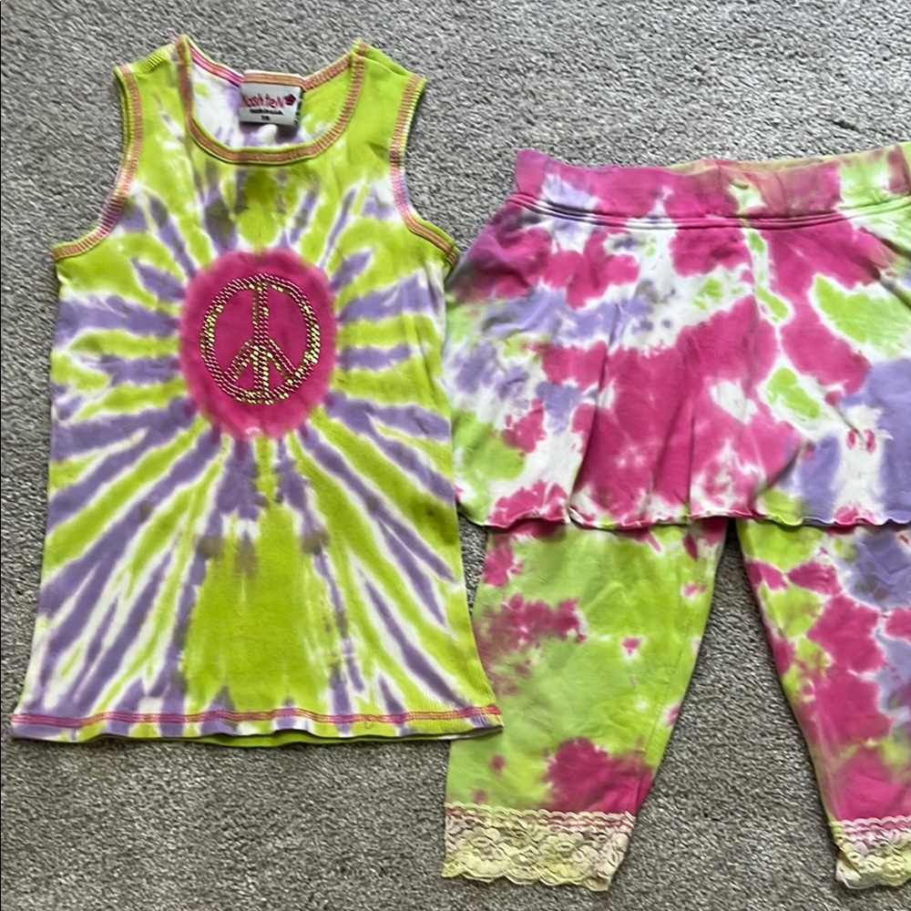 Kash Ten Lime/Purple/Pink Tie-Dye Peace Sign Tank and Capri Skirted Leggings Set